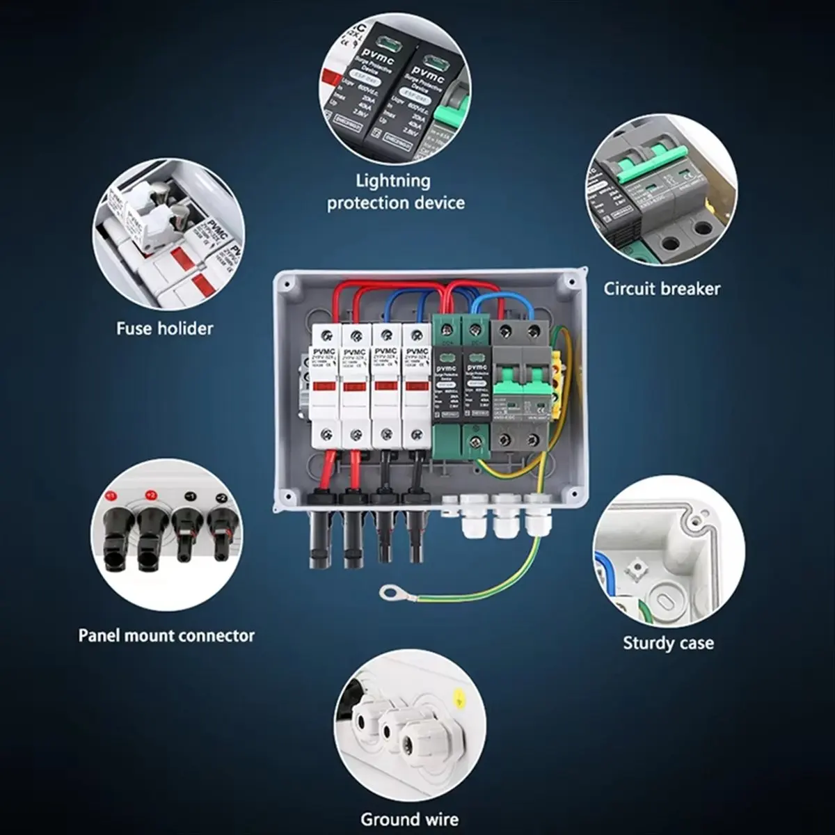 AA14 Solar Photovoltaic PV Combiner Box with Ground Wire Protection 2 in 1 Out DC600V Fuse MCB SPD Waterproof Box IP65
