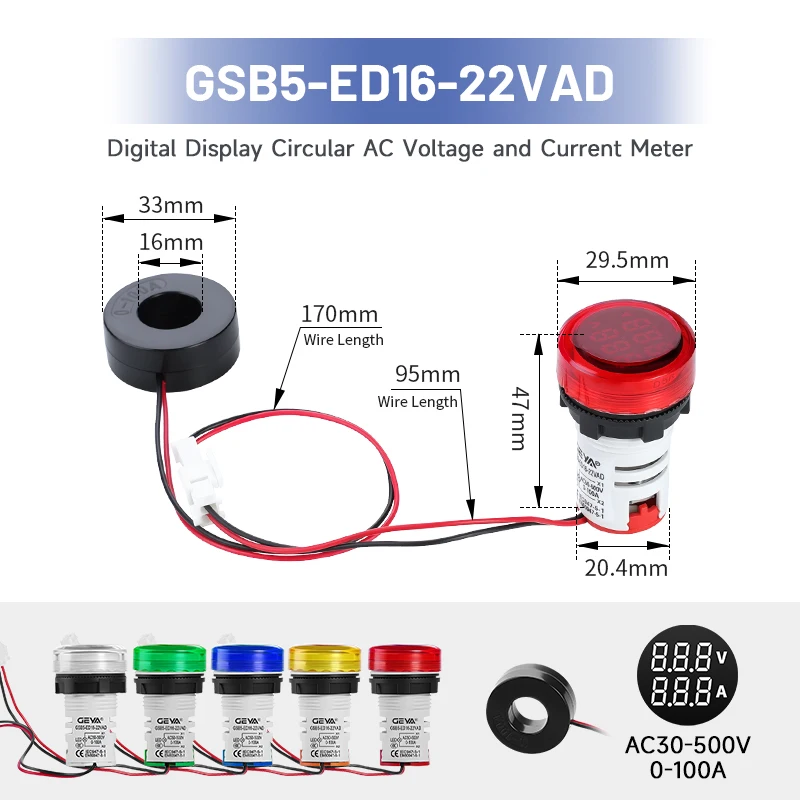 

GEYA AC 50-500V 0-100A Round Mini LED Digital Voltmeter Ammeter Amp Volt Voltage Tester Meter Dual Indicator Pilot Lamp Light