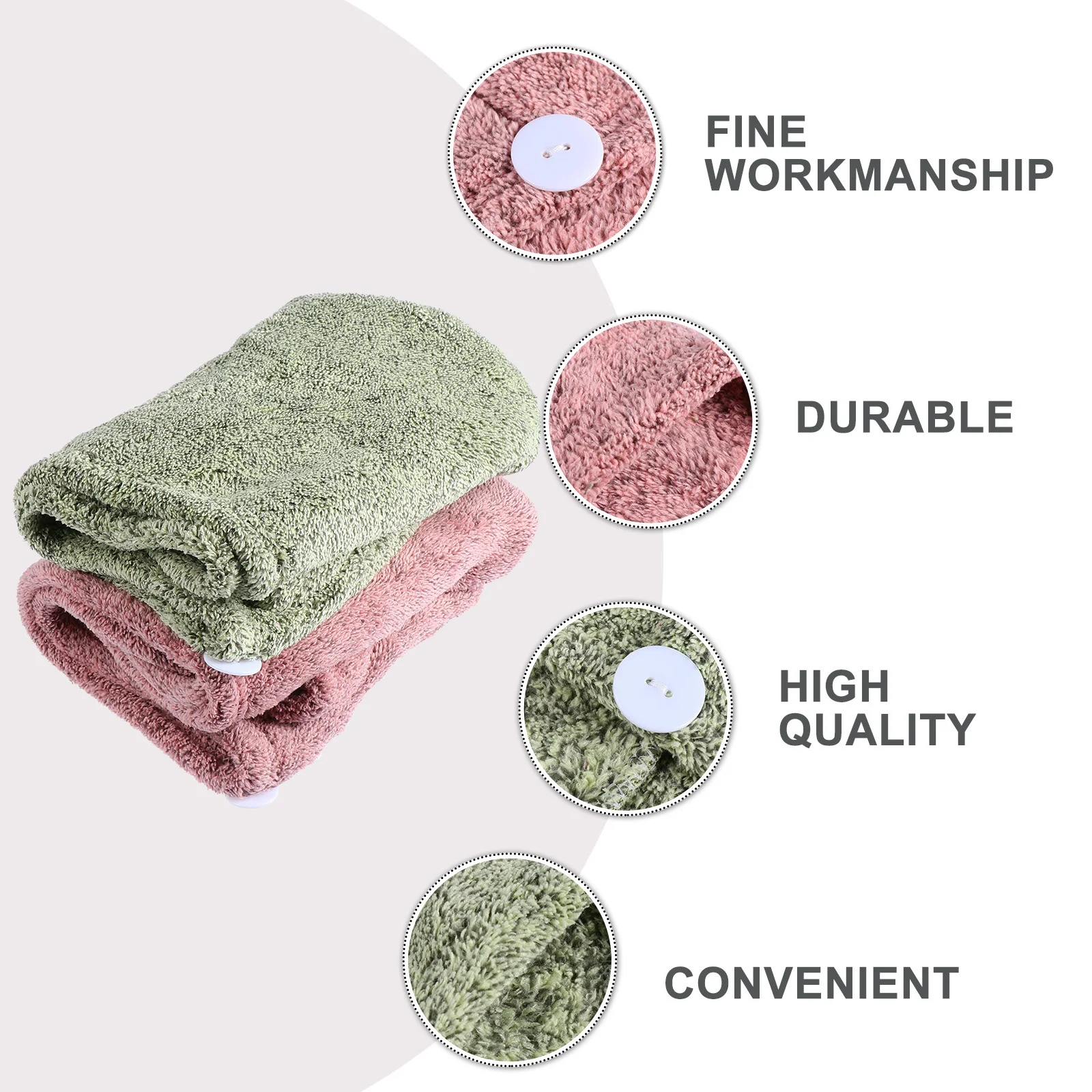 

2Pcs Hair Drying Towel Set with Button Fastening Coral Fleece Material Anti Frizz Gentle on Scalp Suitable for All Hair Types