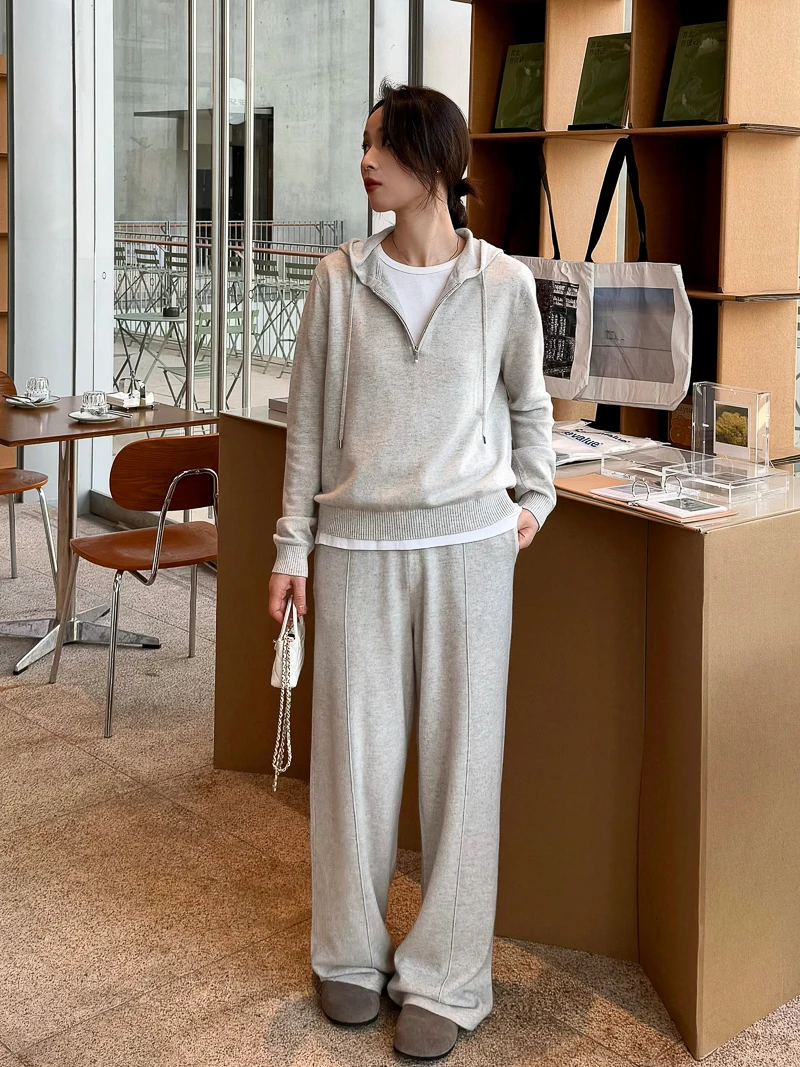 

ALIN Kangsenei 100% Cashmere Casual Hoodie Wide Leg Pants Set Women's Fashion Ensemble Comfortable Warm Spring Outfit