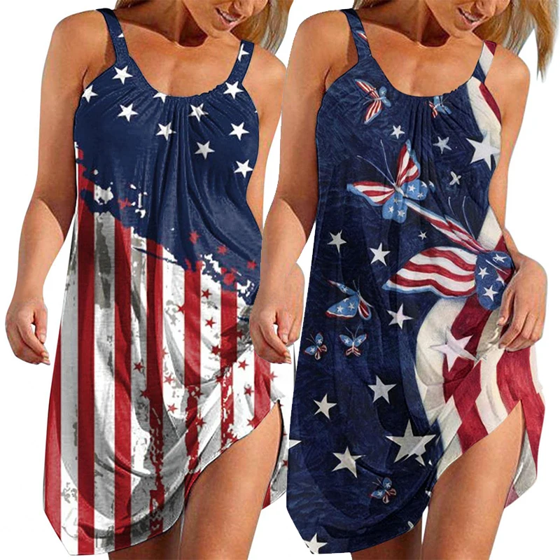 American Flag Printed 3D Beach Dress Butterfly Traf Women Bohemian Sexy Dress Sleeveles Sundress Vestios for Ladies Hawaiian