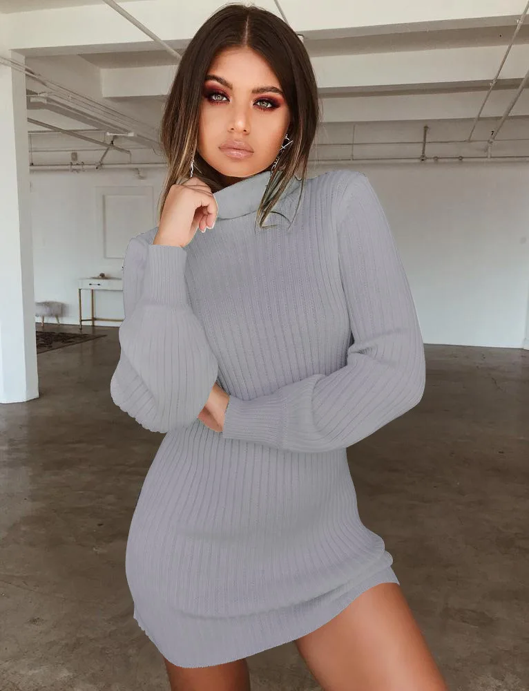 New Fashion Woman Solid Color Turtleneck Long Sleeve Loose Knitted Sweater Dress Women Casual Winter Slim Mini Sweater Dress