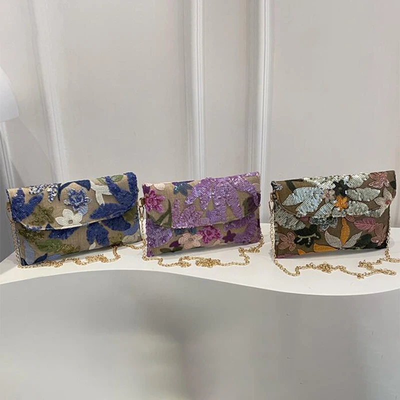 

Women Sequin Evening Clutch Bag Beaded Floral Embroidery Envelope Purse Glitter Crossbody for Wedding Party Prom