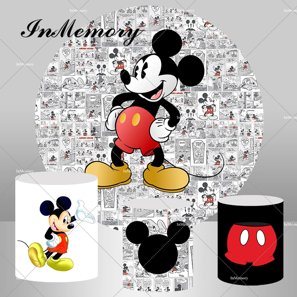 Retro Comic Mickey Mouse Round Backdrop Cover for Boys Newborn Baby Shower 1st Birthday Party Circle Background Pedestal Covers