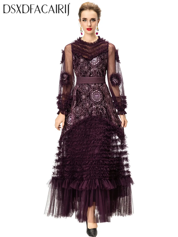 DSXDFACAIRIJ فستان ماكسي نسائي عتيق مطرز بالترتر مطرز برقبة دائرية وأكمام واسعة وكشكشة مخملية فساتين شبكية مرقعة