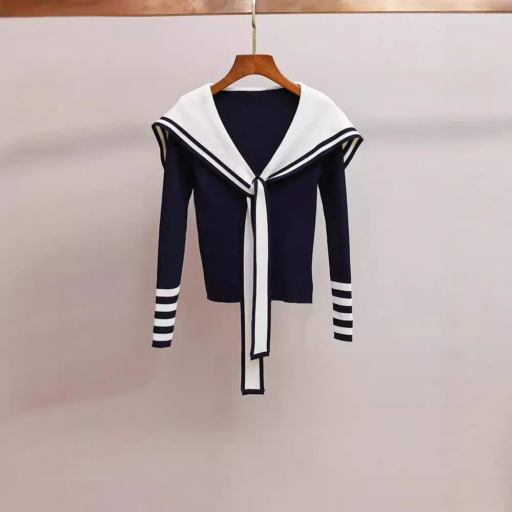 

MaSande High-End Women's Knitted Sweater with Bow Tie College Collar Color Blo Design Autumn New Sle Anti-Aging