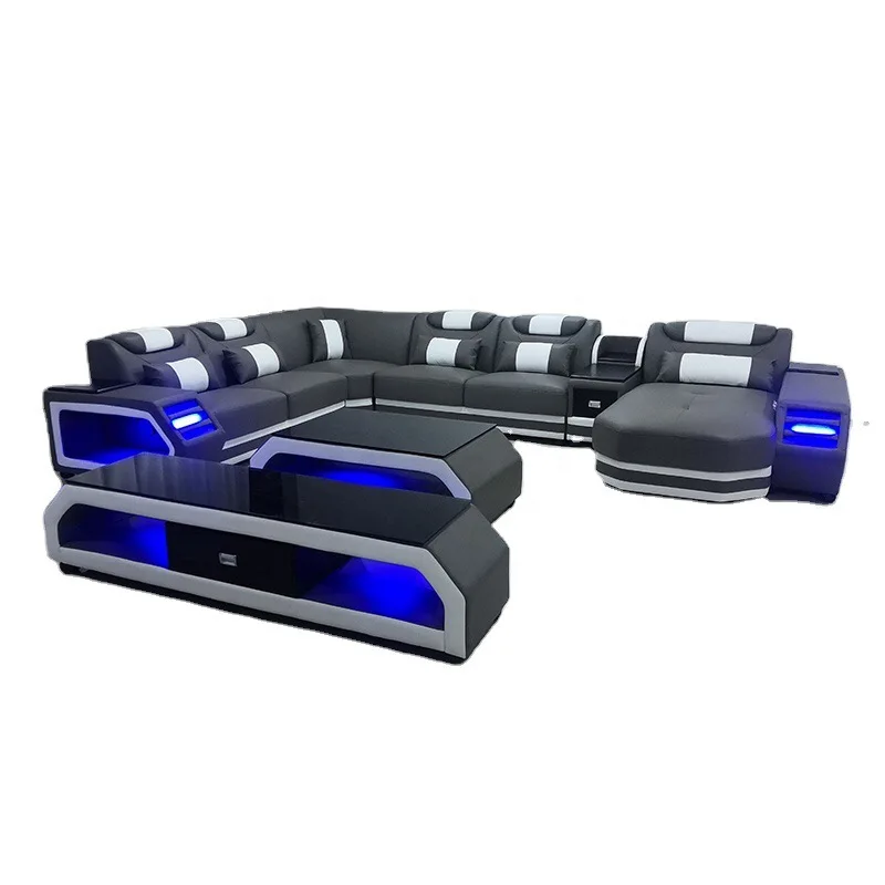 

Modern LED Light Genuine Leather Sectional Sofa Set with Storage Shelves, USB Charging Ports, Cup Holder and Contemporary Design