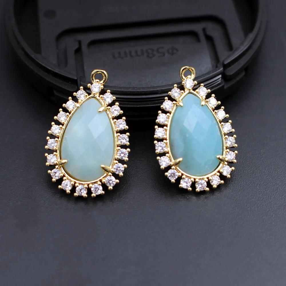 6pcs DIY Findings Women Jewelry Faceted CZ Teardrop Natural Quartz Blue Lapis Labradorite Stone Pendant Charms