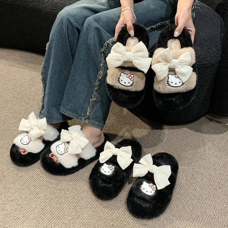 Sanrio spring Hello Kitty cute fashion warm home women's shoes cartoon bow non-slip thick sole outdoor wear plush slippers