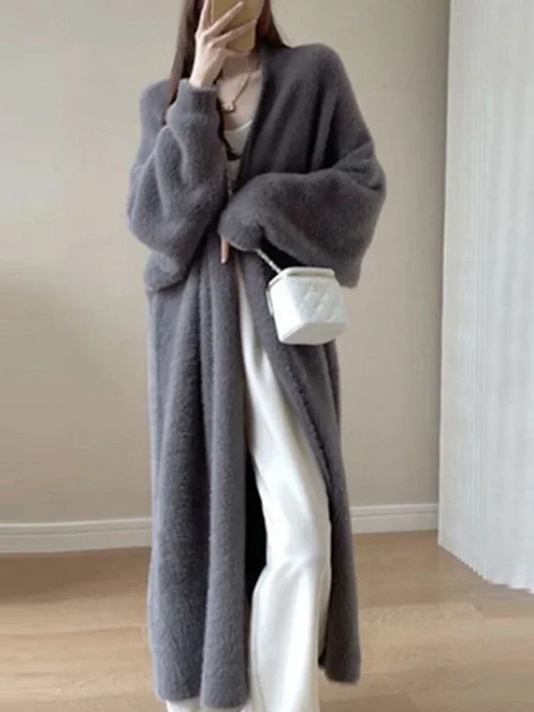 Elegant Vintage Knitted Coat Winter Soft Loose Jacket Korean Casual Autumn Winter Fur Cardigan Women Solid Color Long Sweaters