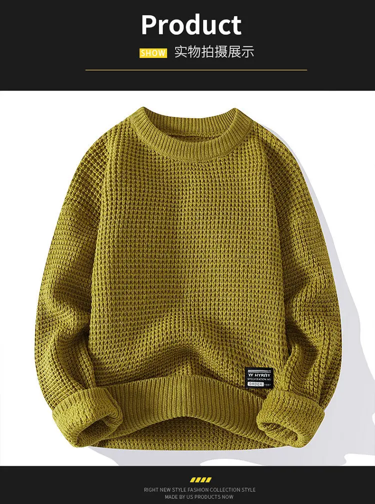 2026 Autumn Winter Men Pullovers Sweaters Knitted Top Round Neck Coarse Needle Full Sleeve Sweaters Solid Casual Loose Pullovers