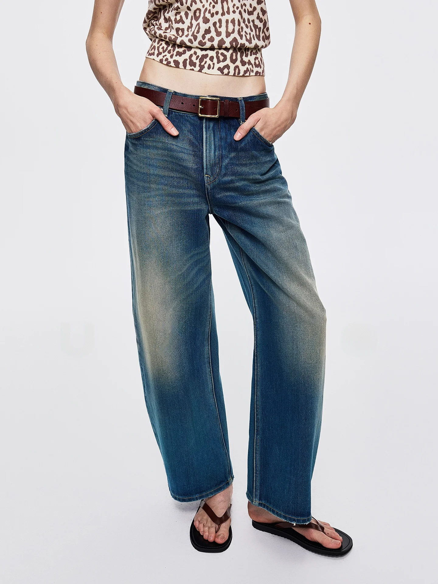 UZZO Vintage Cotton Wide Leg Women's Jeans Hand Washed Loose Fit Comfortable Natural Waist Denim Pants Spring Season Blue Color