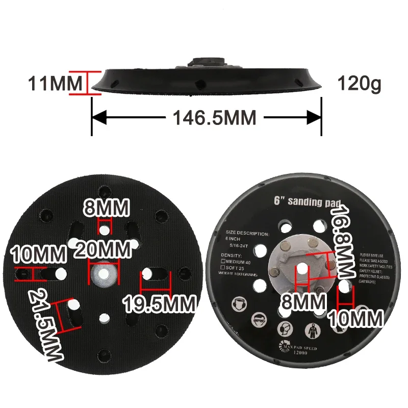 Sanding Pad 6 Inch 150mm 17 Holes 5/16”-24 Thread Backing Plate Hook Loop  Abrasive Power Tools  for Dual Action Polisher