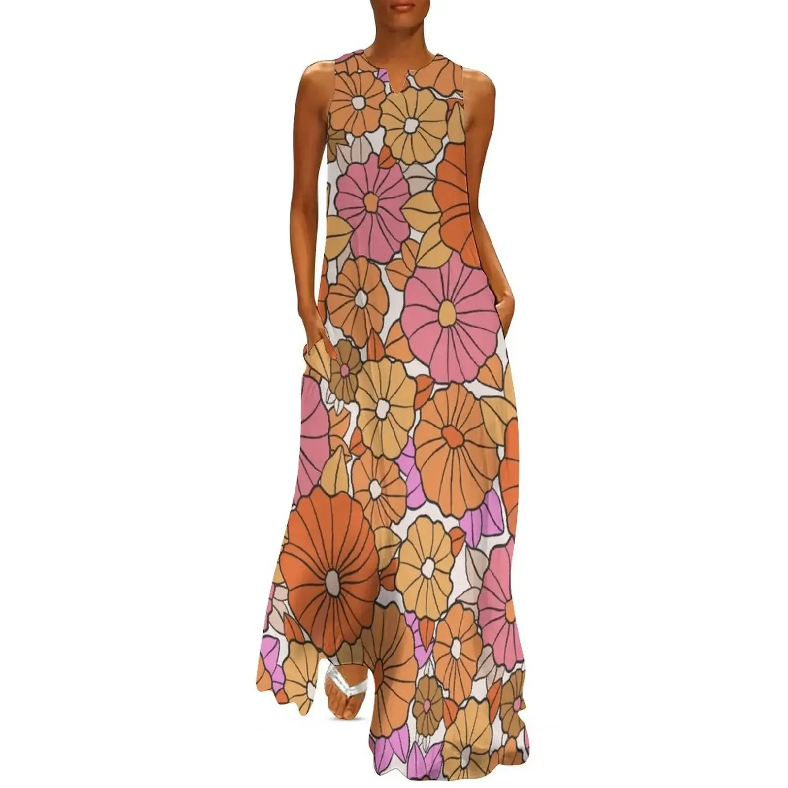 

1960s Vintage Retro Orange Pink Yellow Mod Daisy Flower Power Floral Long Dress women's clothing summer 2025 novelties Dress