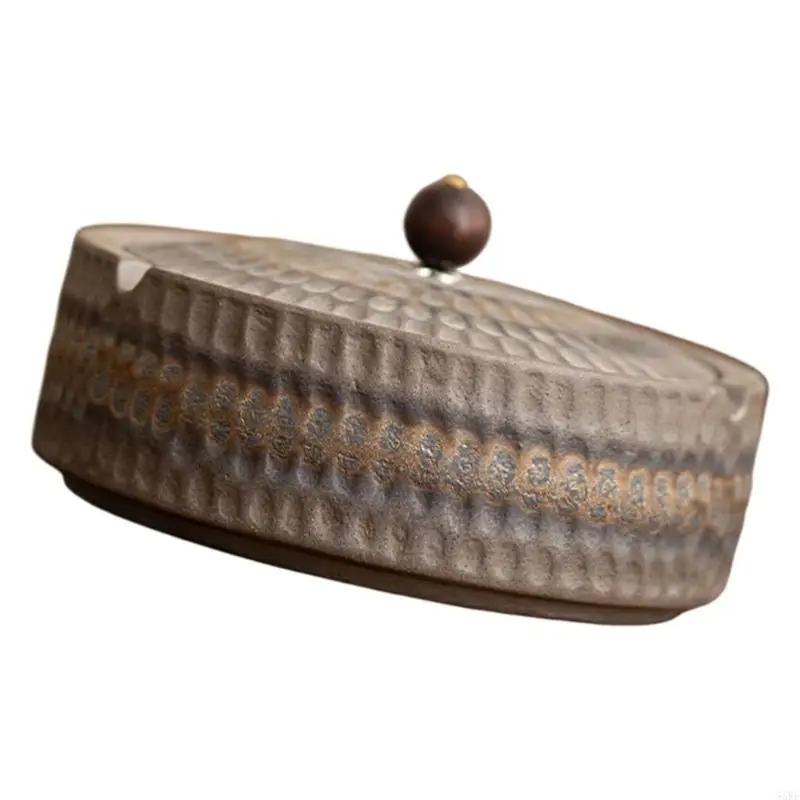 Artisanal Ceramic Ashtray with Cover Design Round Hammered Finish Ashes Holder for Elegant Traditional Home Decors 55KF