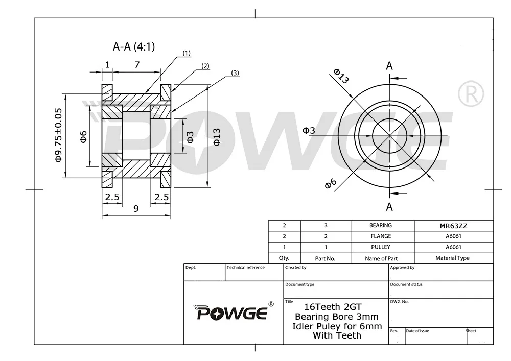 POWGE 2GT 2M 16 Teeth synchronous Idler Pulley Bore 3mm with Bearing for Width 6MM GT2 Timing belt Passive Wheel 16T 16teeth