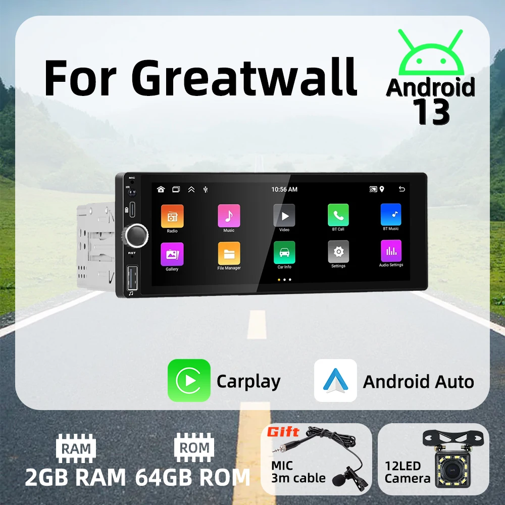 

Carplay Android Auto Android Car Multimedia Player 1 Din Radio for Greatwall 6.86" Screen Stereo Head Unit Autoradio Navigation