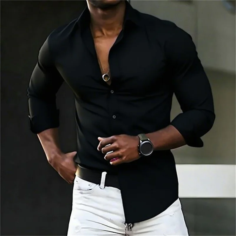 New Men's Shirt Solid Color Long Sleeve Casual Fashion Black and White Multi-Color Optional All Seasons Business Men's Shirt