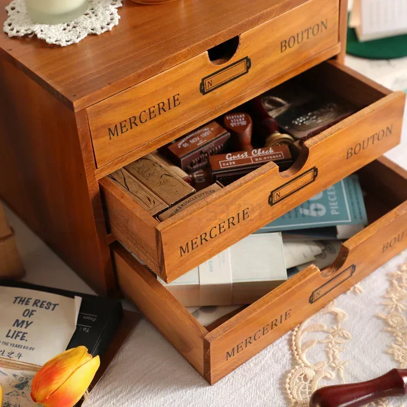 Desktop Wooden Box with Drawer Vintage Countertop Chest Of Drawers Jewelry Cosmetics Organizer Home Decoration Accessories