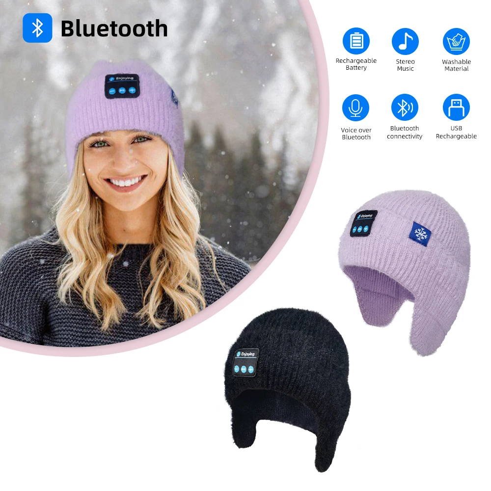 Bluetooth Beanie Hat Wireless Headphone, Men Women Winter Knit Hat with Ear Flaps Music Speaker Hat Outdoor Walking Cap, Purple