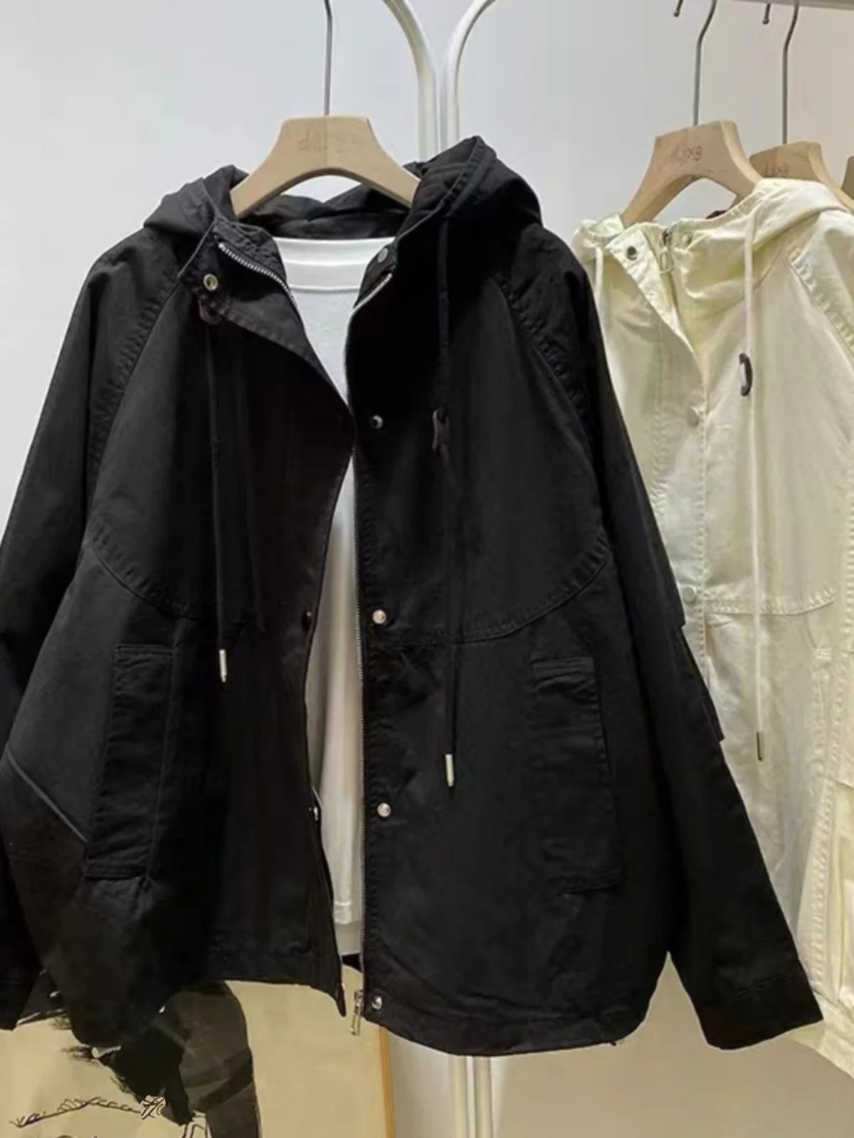 Spring Autumn Women's Jacket 2026 New Simple Lazy Style Design Unique Hood Long Sleeve Coat High End Loose Fit Hat Included