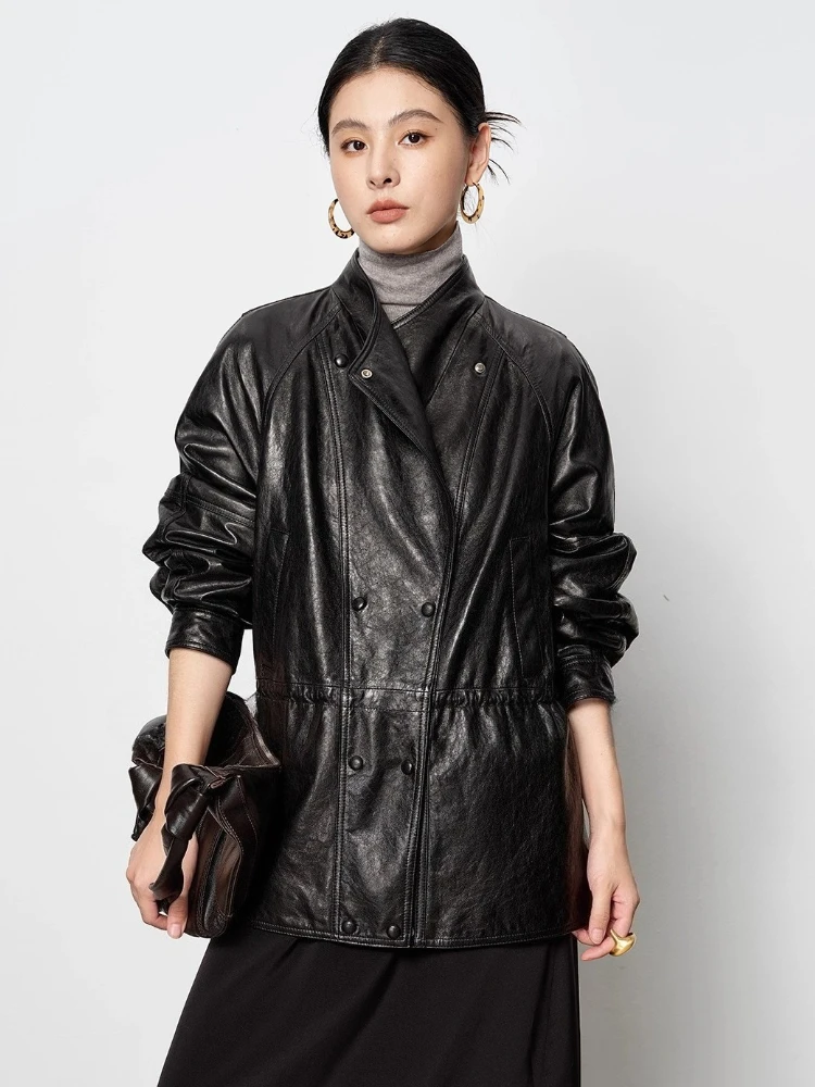 

Vintage Genuine Leather Jackets for Women Spring Autumn High-end Simple Stand Collar Soft Black Oil Wax Real Sheepskin Coat