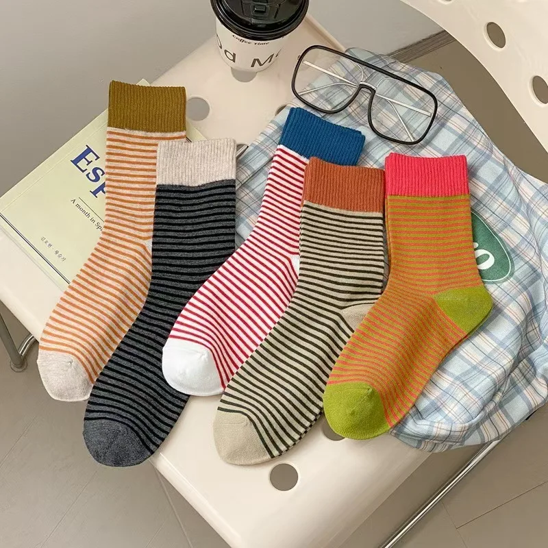 5/10 Pairs Women Spring/Summer Striped Knitted Mid Tube Socks Fashionable College Style Breathable Comfortable Casual Socks