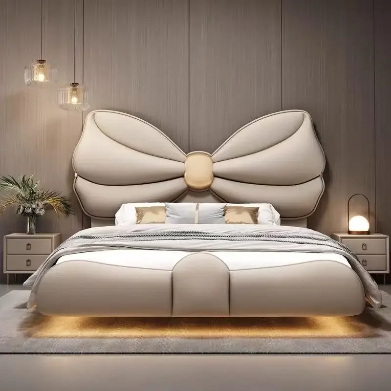 Luxury floating bed with lamp Modern frame Queen bed Headboard Twin wooden bed 2 people Bedroom furniture