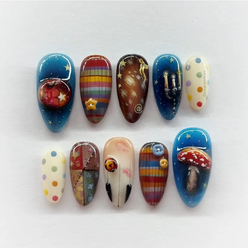 

24Pcs Fake Nails Starry Sky Apple Almond Spicy Girl Graffiti Mushroom Plaid Press-On Nail Tips Perfect for Gifting To Girls