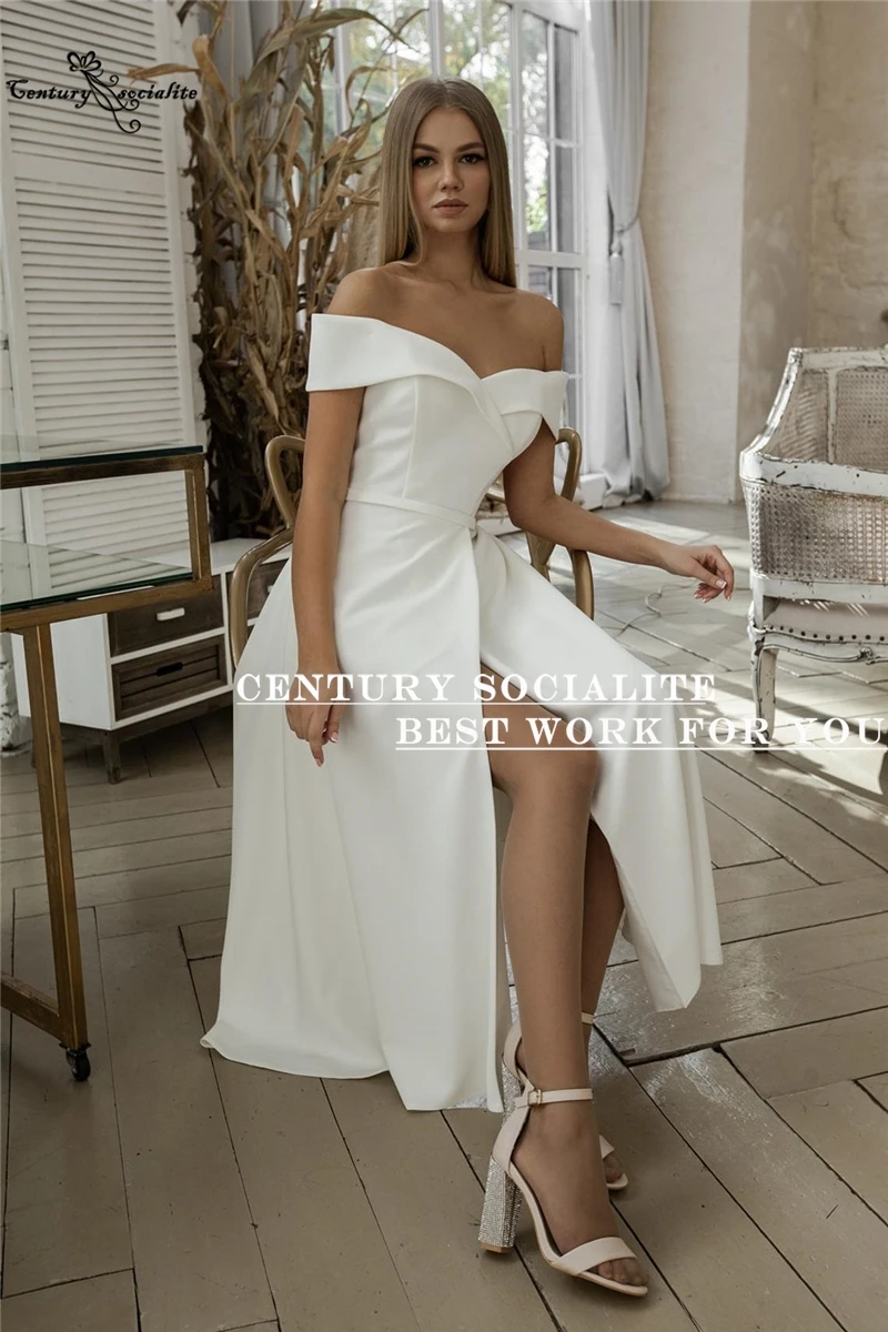 Civil Wedding Dresses Short Off Shoulder Side Slit Tea Length Soft Satin Simple Plain Bridal Gowns Casual Bride Dress Customize