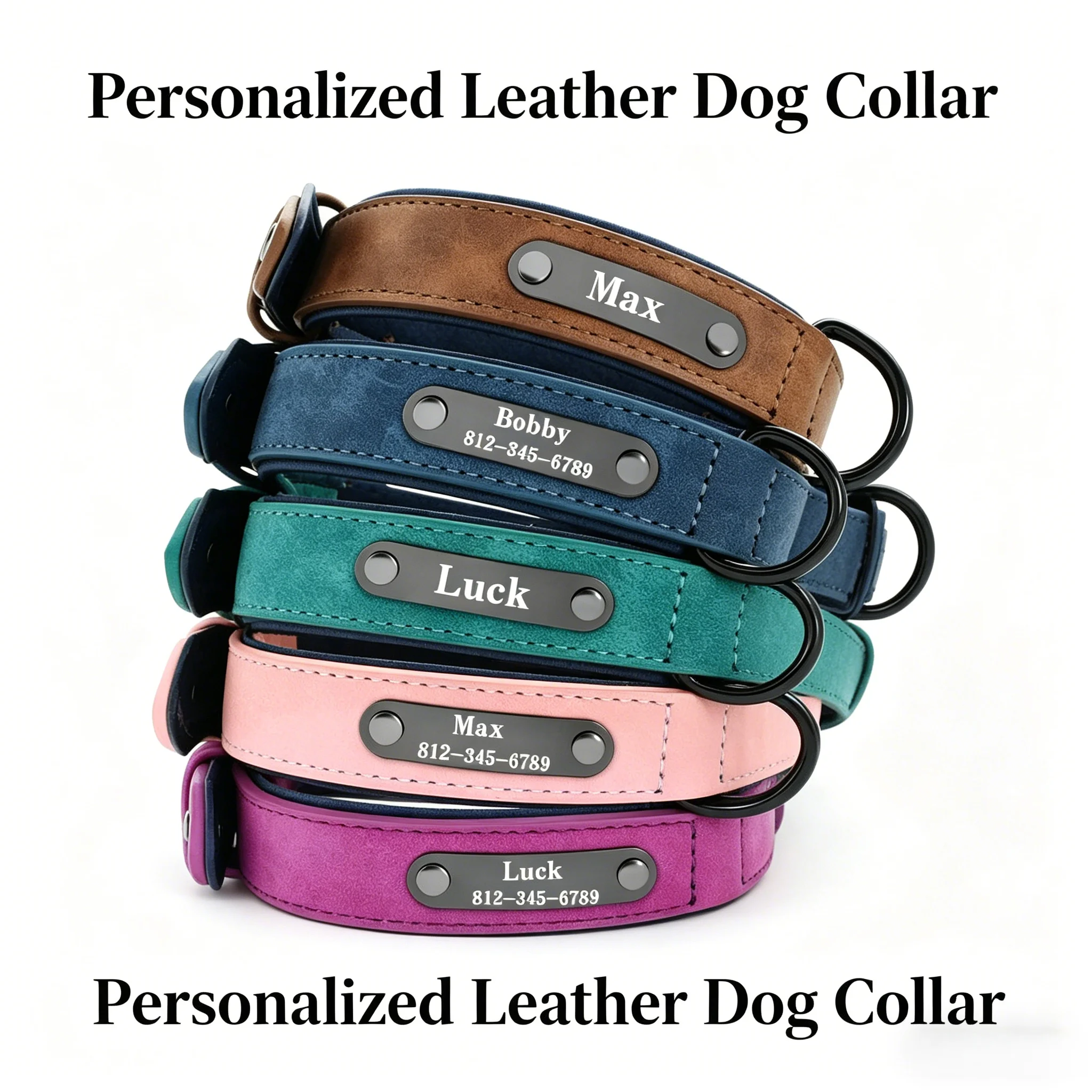 Personalized Name ID Tags Dog Collars Custom Text Name PU Leather Dog Collar For Small Medium Large Dogs Pitbull Bulldog Beagle
