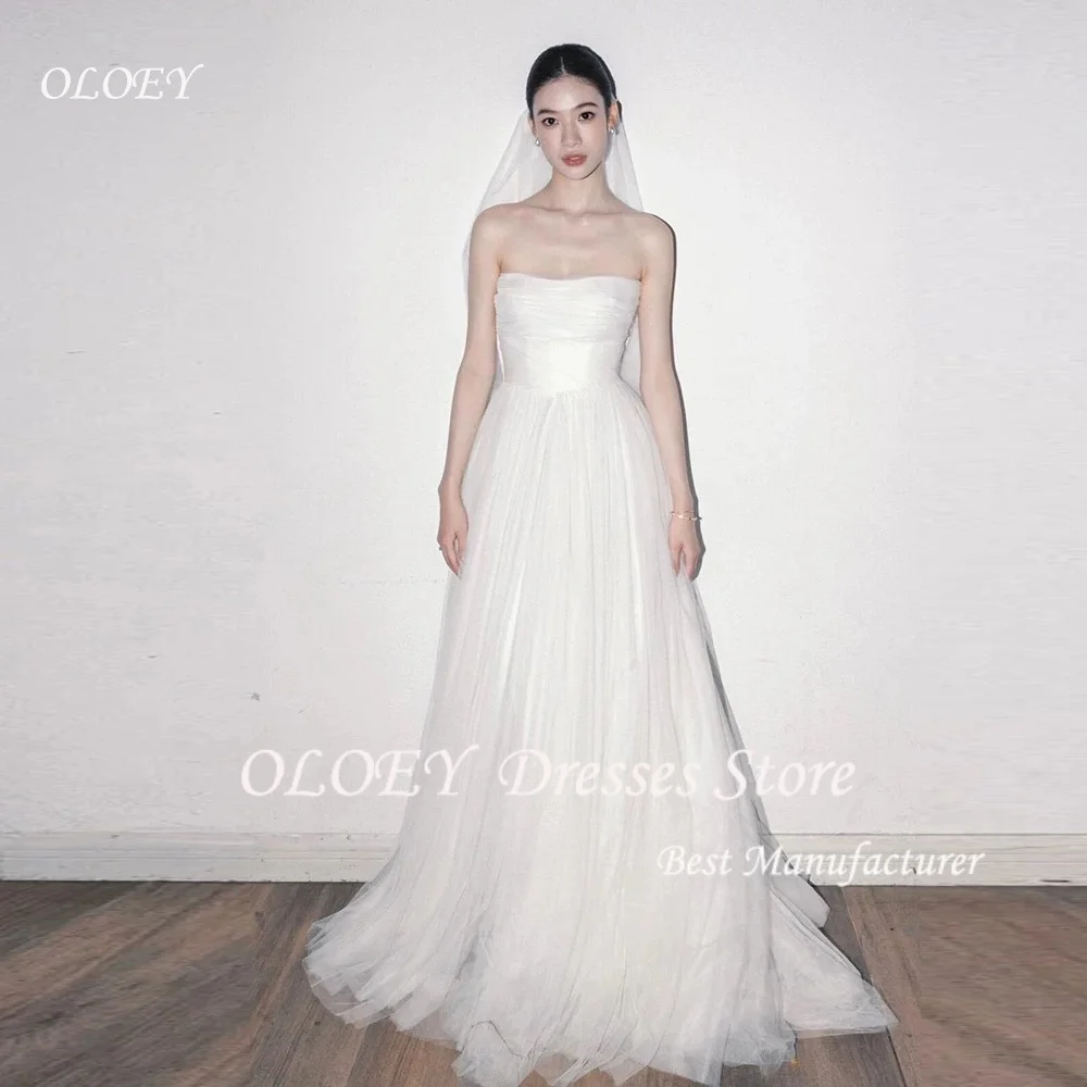 OLOEY Princess A Line Tulle Korea Wedding Dresses Strapless Bride PhotoShoot Dress Customized Floor Length Puffy Long Bride Gown