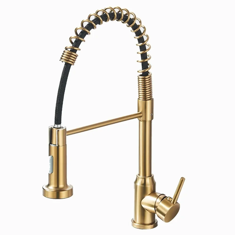 

Kitchen Sink Faucet Pull Down Sprayer Brushed Nickel One Handle Mixer Gold Tap
