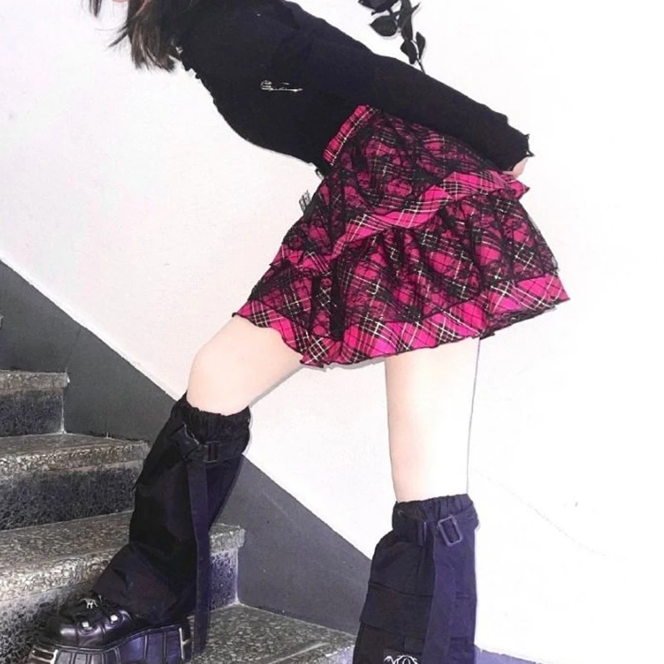 Harajuku Striped Print Y2K Kuchen Mini Rock Gothic Japanischen Stil Spitze Punk Ballkleid Kawaii Röcke Schule Casual Party Skater