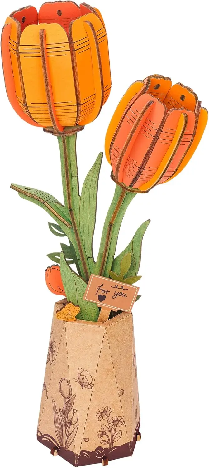 Fleur de tulipe en bois, ensemble de construction de fleurs artificielles DIY, Kit artisanal pour adultes, fête des mères/saint-valentin pour maman/femmes/grand-mère