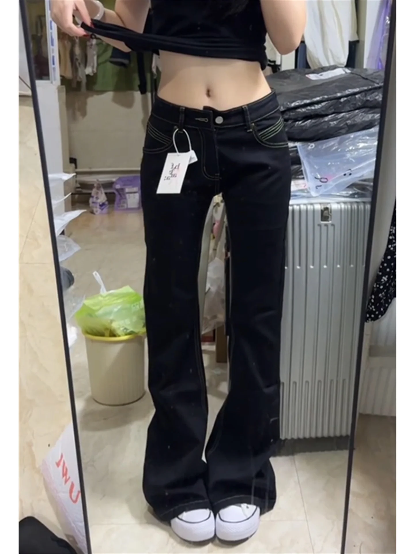 

Ретро-джинсы-клеш с низкой посадкой в американском стиле для женщин: облегающие, удлиненные, сексуальные, весенние, из хлопкового денима, повседневные, модные