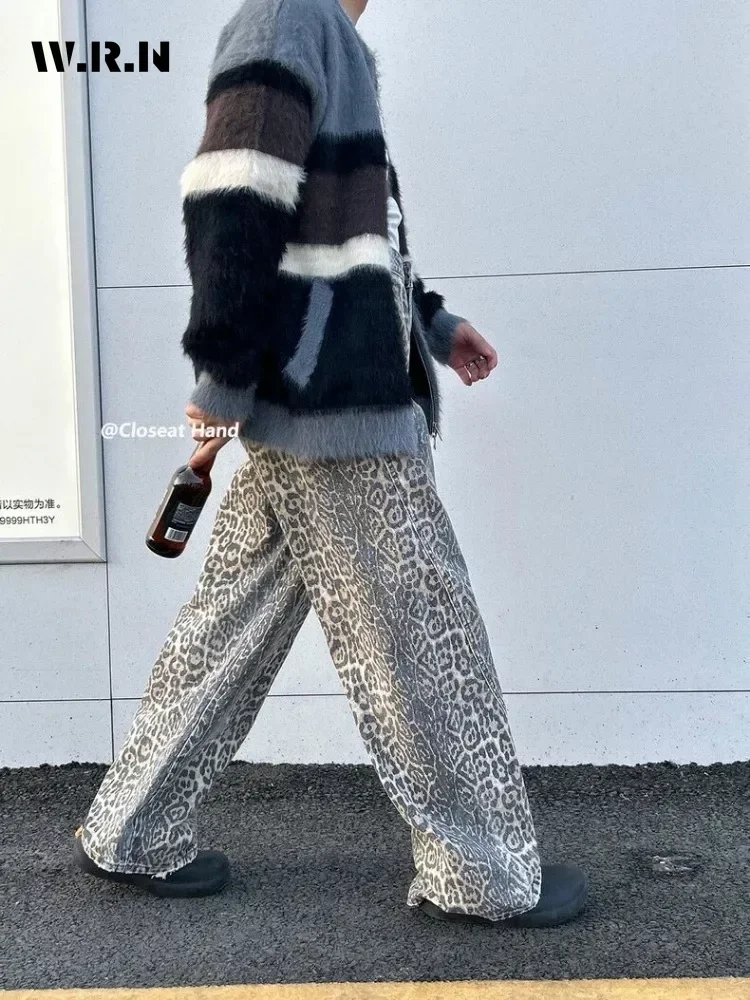 Damen American Vintage Leopardenmuster, gewaschene, dünne Jeans, Straße, lässig, neutraler Stil, DenimTrousers, hohe Taille, gerade Hose