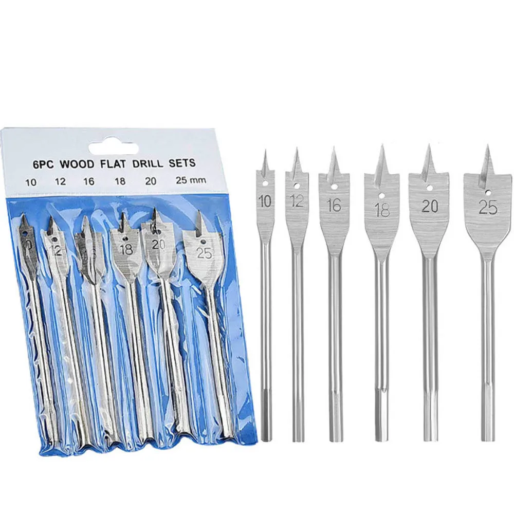 6pcs  Durable Woodworking Tool Sets Flat Drill Long High-carbon Steel Wood Flat Drills Woodworking Spade Drill Bits