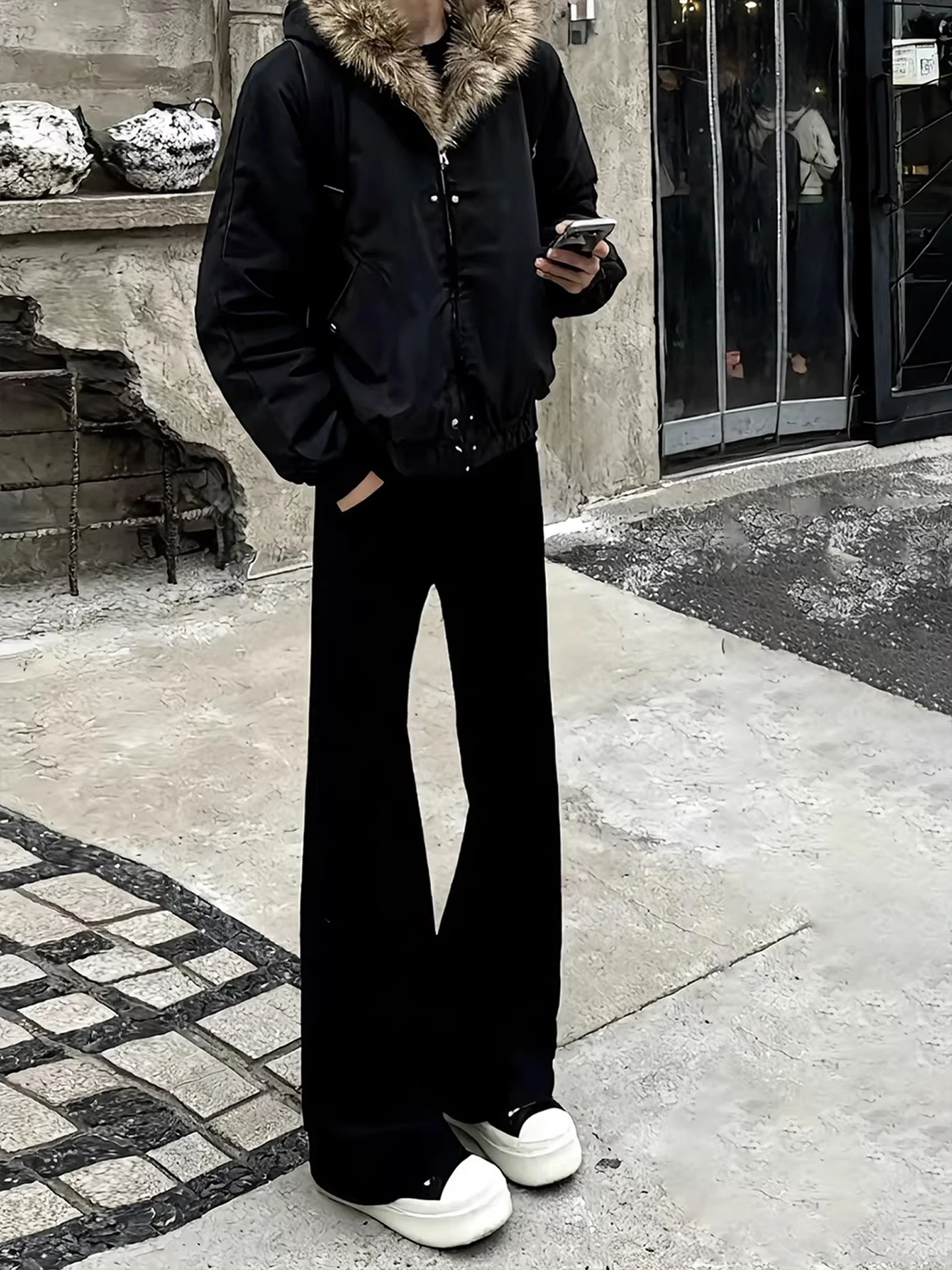 

Black Fleece Lined Extended Straight Leg Jeans High Waist American Street Style Cleanfit Trousers for Taller Men Youth Fashion