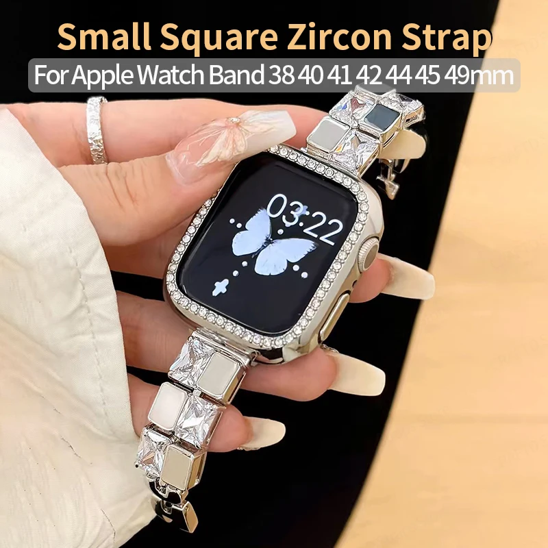 

Small Square Zircon Strap for Apple Watch Serie 7 Correa 45mm 41mm 49 Women Bracelet for IWatch Band 9 8 6 SE 5 40mm 44mm 38 42