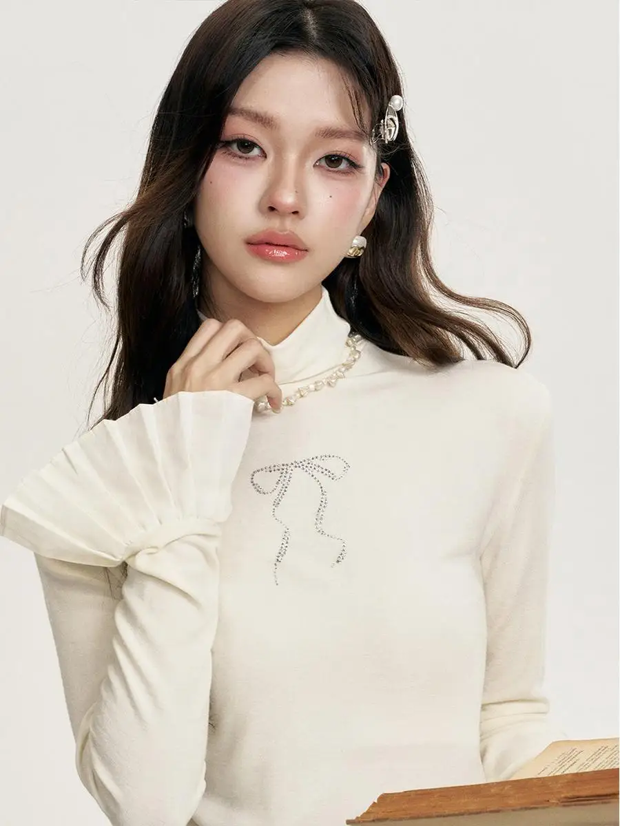 

6DEWS Women's High Collar Knot Slim Fit Top Gentle Sle Long Sve Base irt Casual Sle Autumn Faion