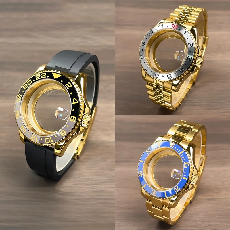 

NH35 Case 40mm Full Yellow Gold YM Two-Way Rotating Bezel Rubber Steel Strap Sapphire Glass NH35 NH36 NH34 Movement Watch Case