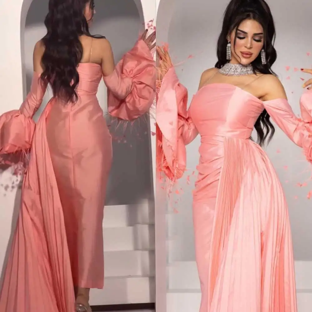 

Customized Pink Satin Sweetheart Pleated Strapless Flare Long Sleeves With Feather Zipper Fashion Sexy Casual N Women Party Go