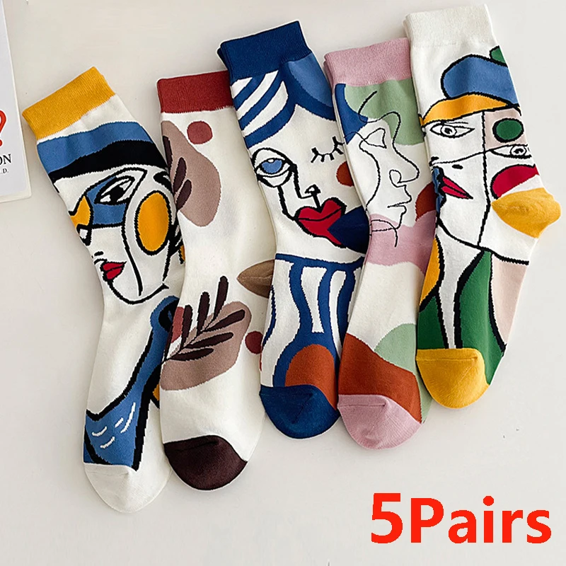 5 Pairs Trend Graffiti Socks Women Cotton Personality Fashion Tide Socks Ins Letter Embroidery Funny Couple Socks
