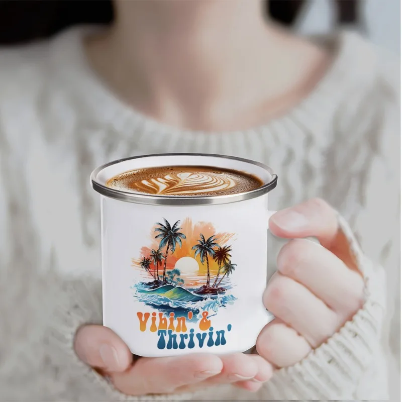 12 Oz Tropical Sunset Palm Trees White Enamel Cup, Attractive Color Classic Design Sturdy Durable for Indoor Outdoor Daily Use