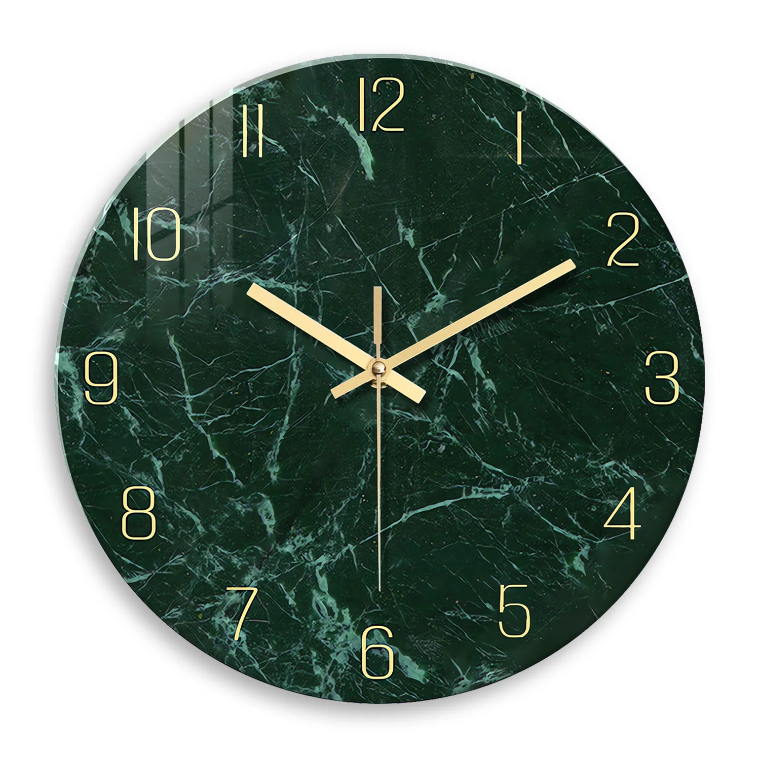 Relógio de parede de vidro temperado com textura de mármore verde escuro personalizado, sala de estar, quarto, cozinha, decoração de casa, relógio de parede silencioso, presente de feriado, 12 polegadas, 14 polegadas, 16 polegadas (sem baterias)