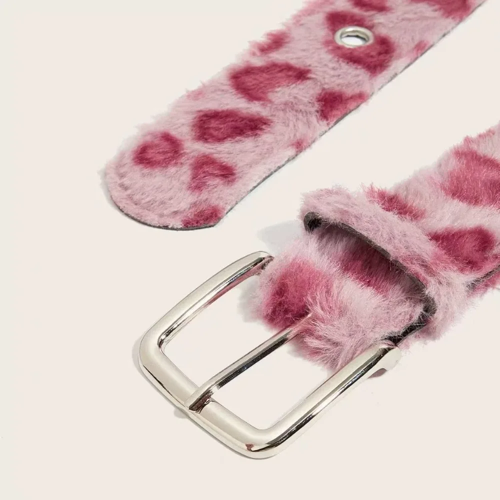 Cinturón con estampado de leopardo de peluche Y2K para mujer, faja para chicas, accesorios vaqueros versátiles, pretina con hebilla de Pu, color rosa y blanco
