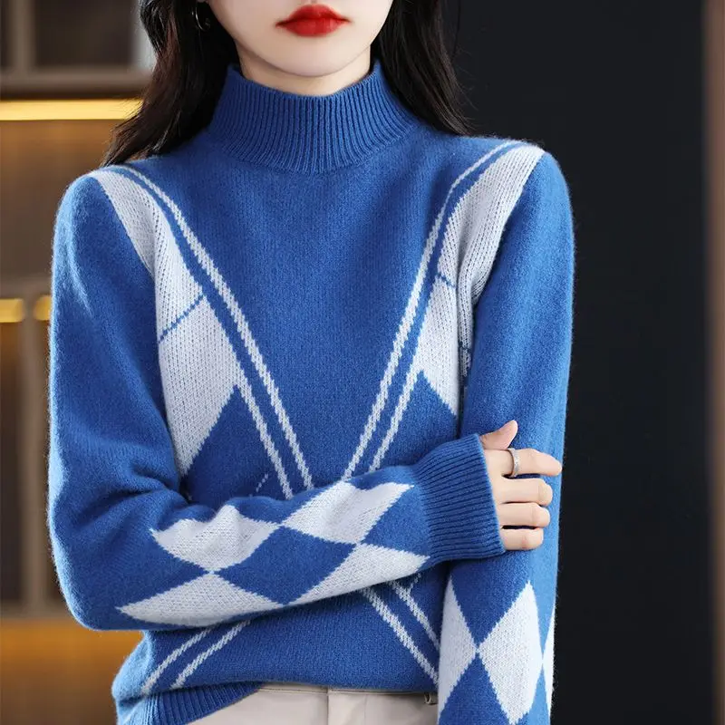 Knitted Sweater Women Oversized Pullover 2022 Winter Retro Plaid Color Blocking Fashion Clothes Long Sleeve Tops Elegant Jumpers