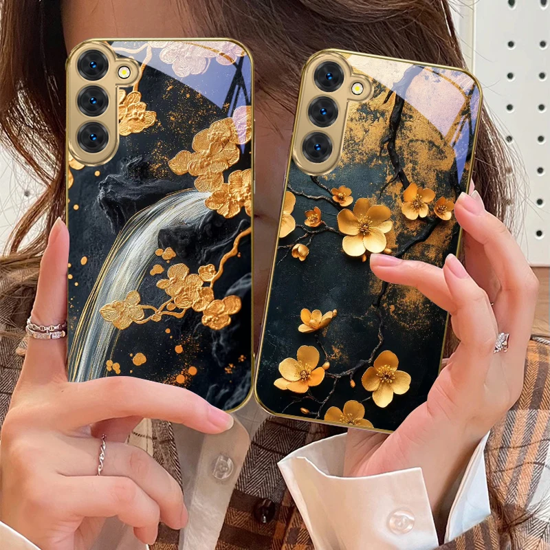 

Golden flower branch For Samsung Galaxy S20 FE S21 S22 S23 Plus S24 Ultra 25Ultra S21+ S9+ S22Plus Golden glass phone case