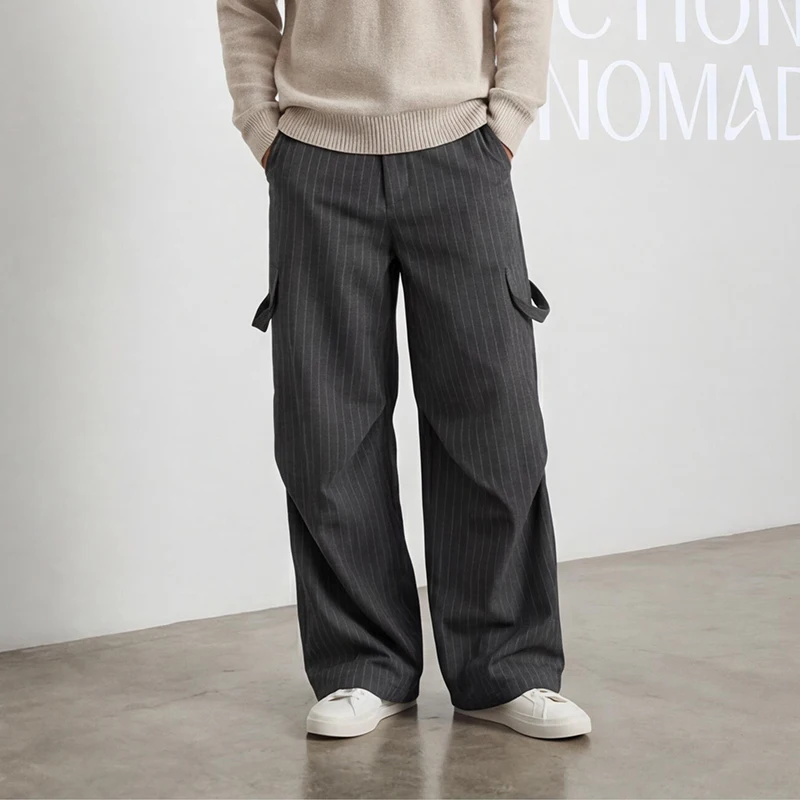 Grey Pleated Striped Men's Suit Pants Three Dimensional Niche Casual Trousers Unisex American Style Loose Draped Long Pants